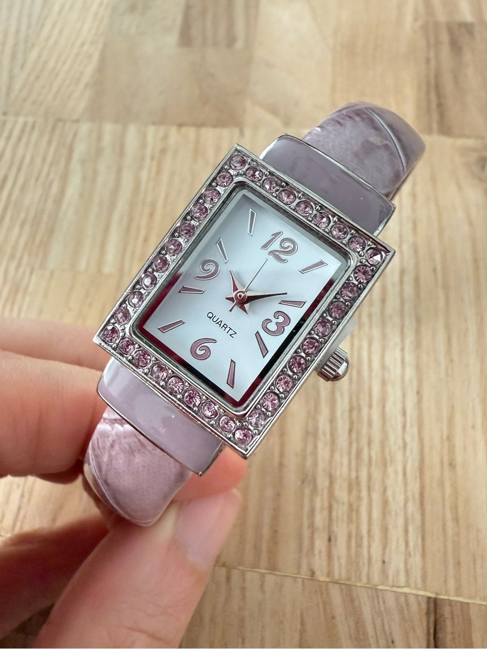 Unbranded ladies rectangular silver tone purple cuff watch NEW BATTERY